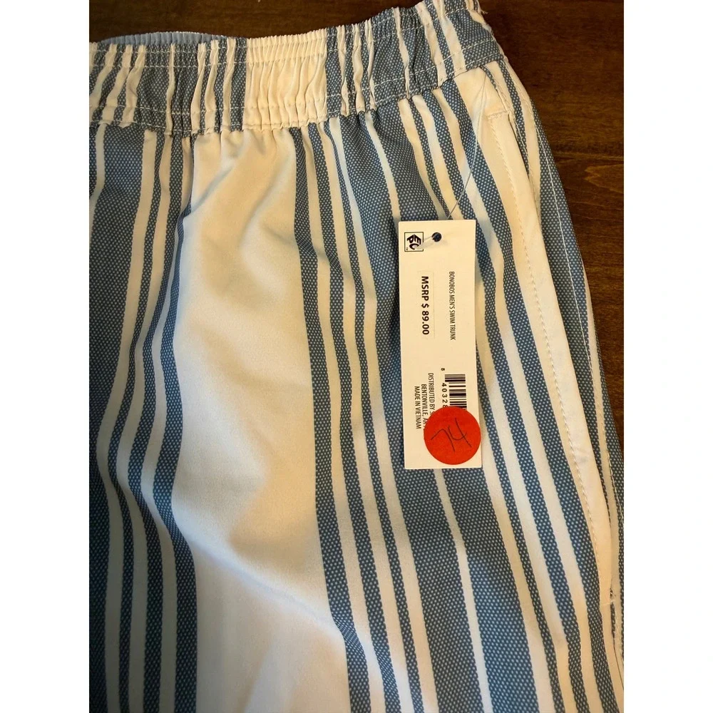 Bonobos Mens Swim Trunks Blue White Vertical Stripe 7 Inch Inseam Size Small NWT